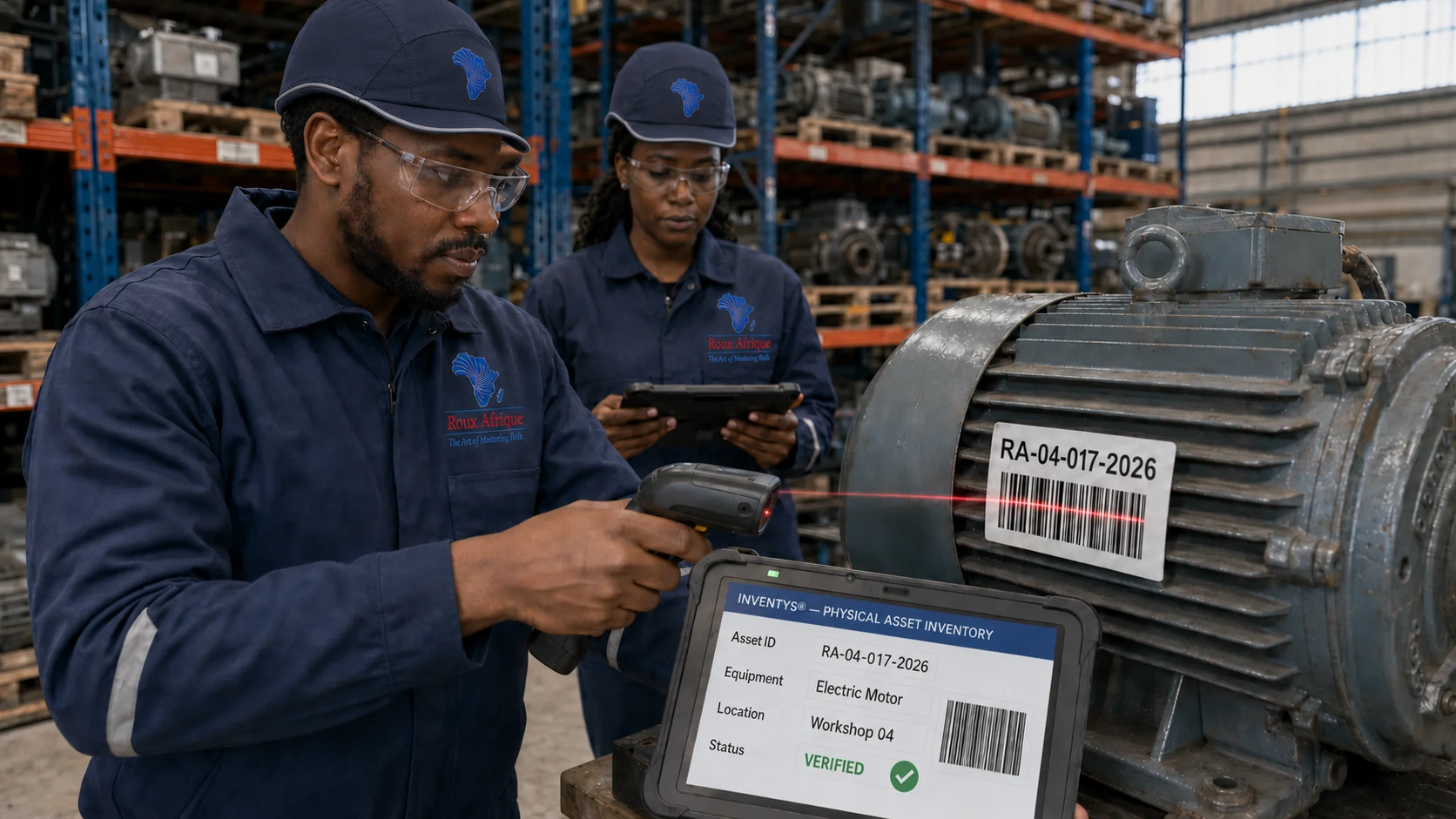 Experts de Roux Afrique EVS identifiant, scannant et rapprochant des actifs industriels