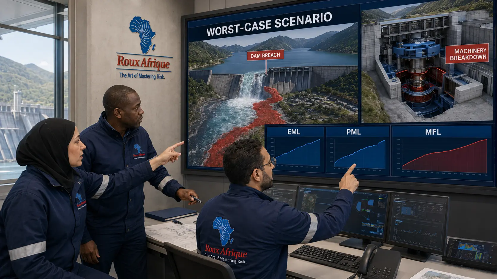 Experts Roux Afrique analysant par logiciel un scénario worst case de rupture de barrage, bris de machines, EML, PML et MFL