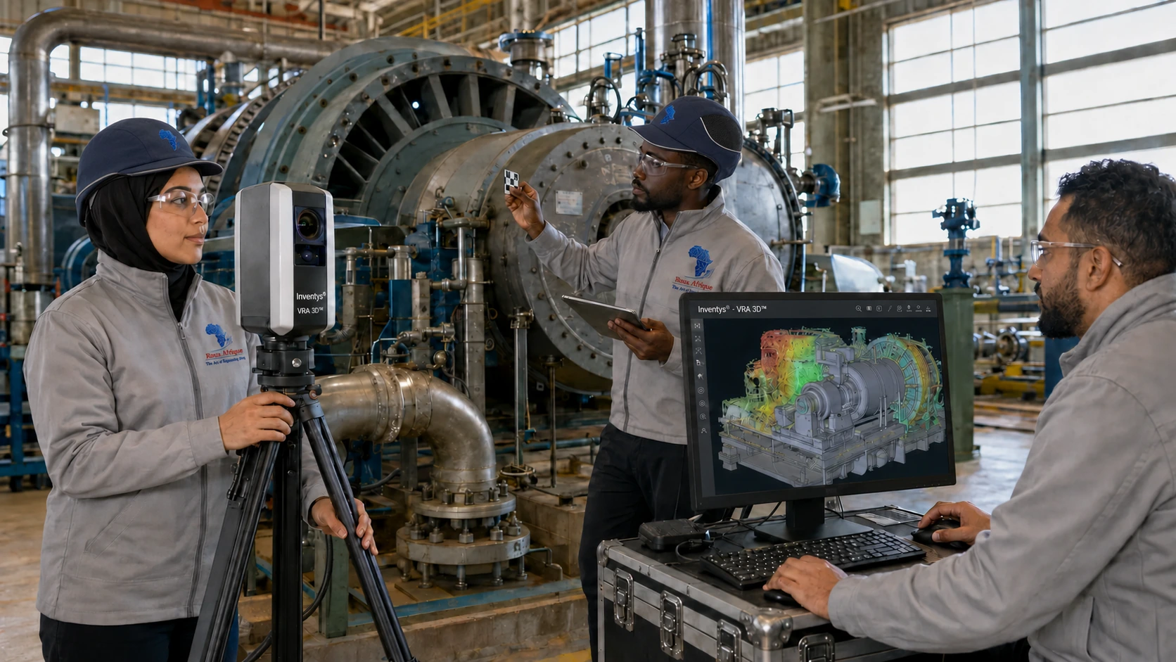 Equipo de Roux Afrique realizando un levantamiento VRA3D en una instalación industrial