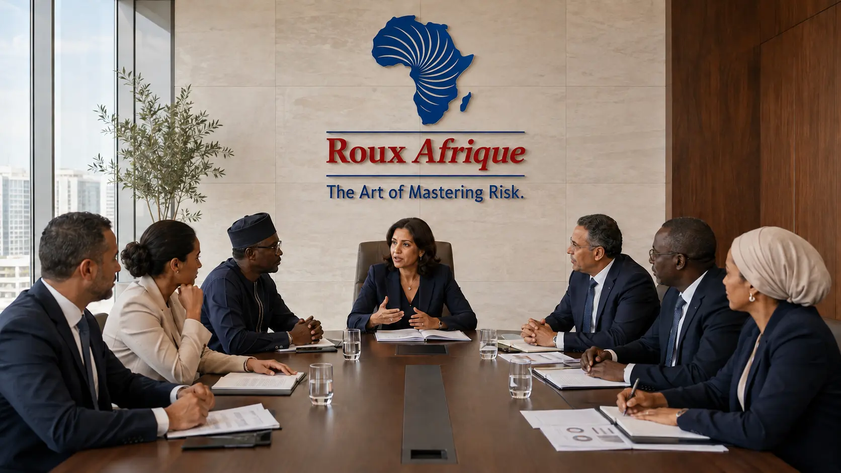 Consejo de gobierno de Roux Afrique reunido en una sala con la señalética institucional del Grupo