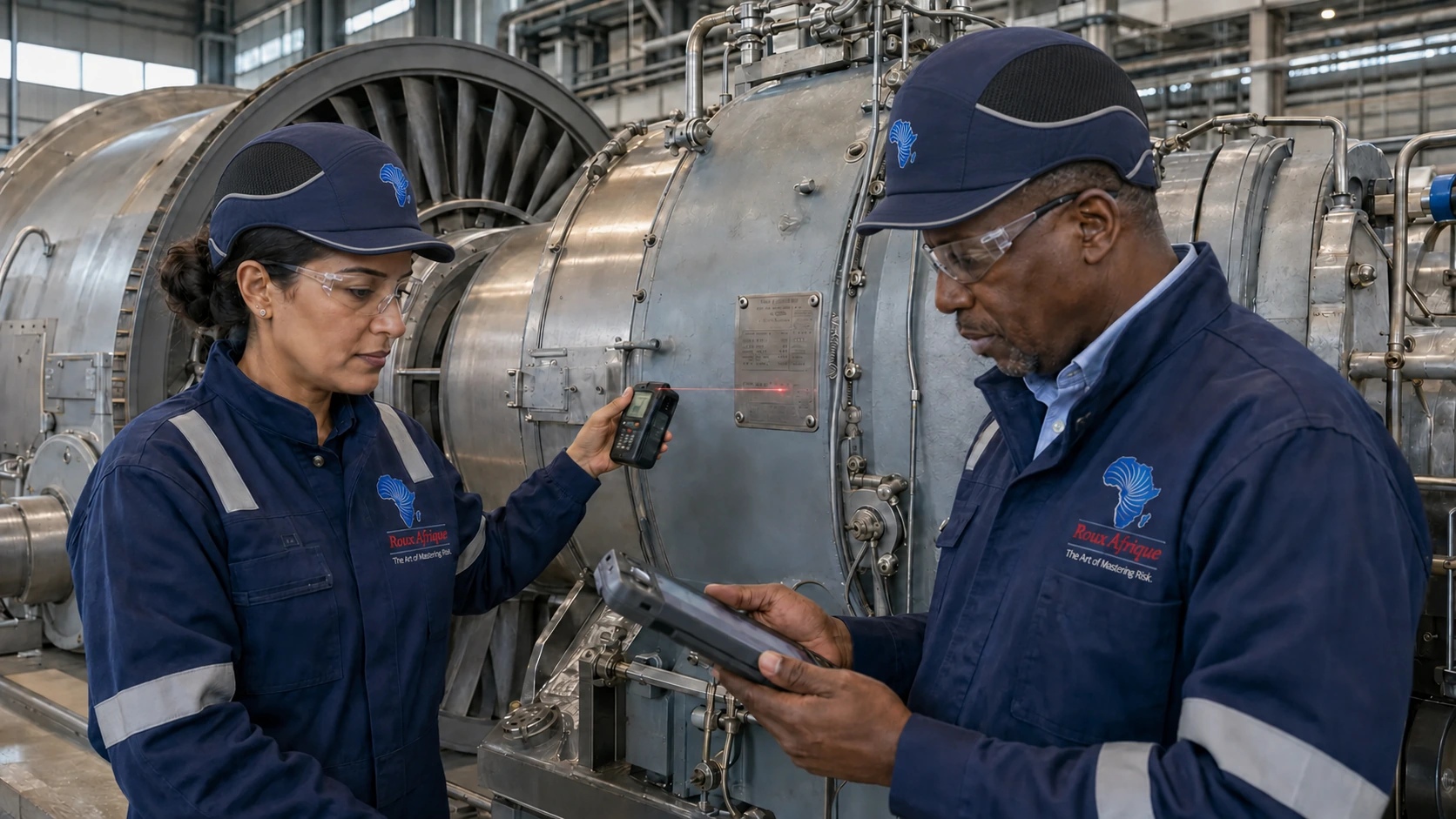 Expertos de Roux Afrique EVS realizando un levantamiento de valoración de un equipo industrial