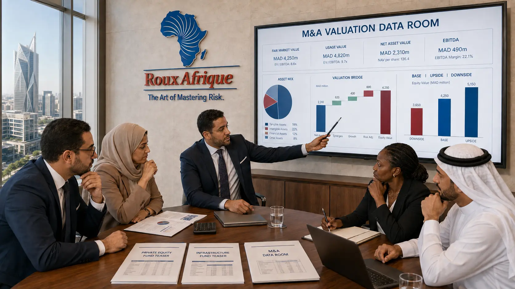 Comité de inversión examinando una valoración patrimonial para una operación de fusión y adquisición con vistas a Casablanca Finance City